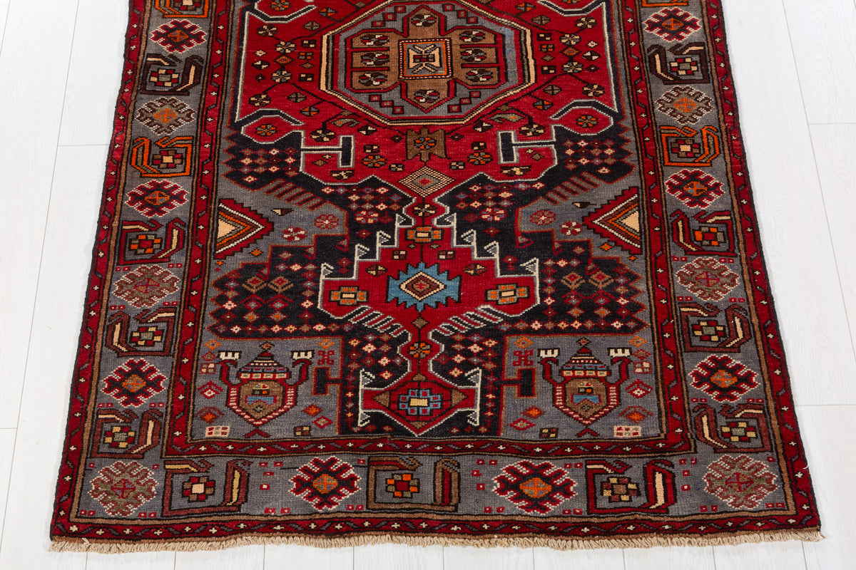 Collectible Vintage Red, Deep Navy Blue Geometric Medallion Area Rug – 6' 7" x 4' 0" (201 x 122 cm)