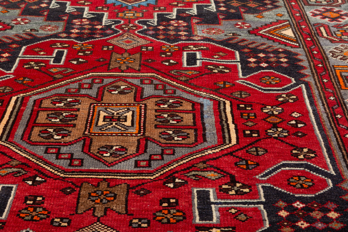 Collectible Vintage Red, Deep Navy Blue Geometric Medallion Area Rug – 6' 7" x 4' 0" (201 x 122 cm)