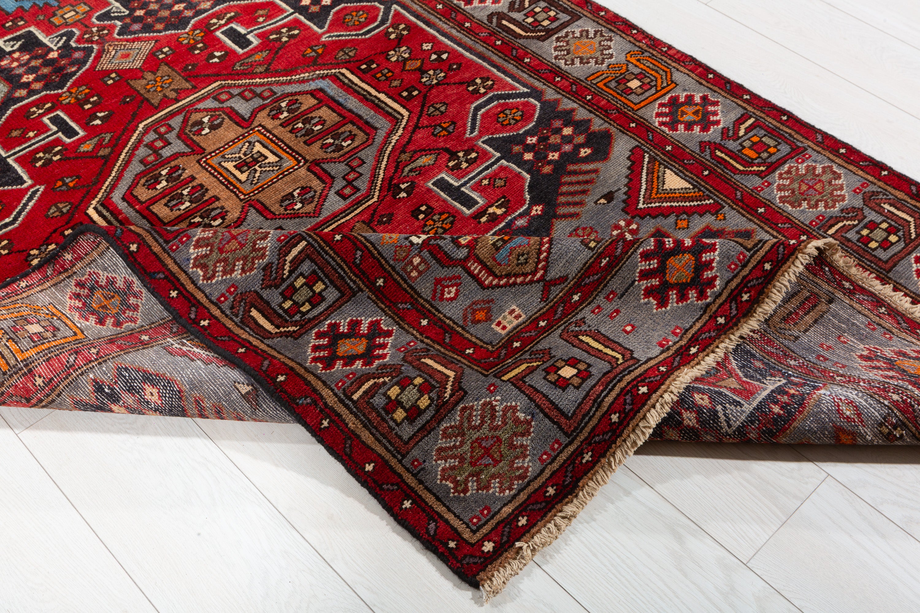 Collectible Vintage Red, Deep Navy Blue Geometric Medallion Area Rug – 6' 7" x 4' 0" (201 x 122 cm)