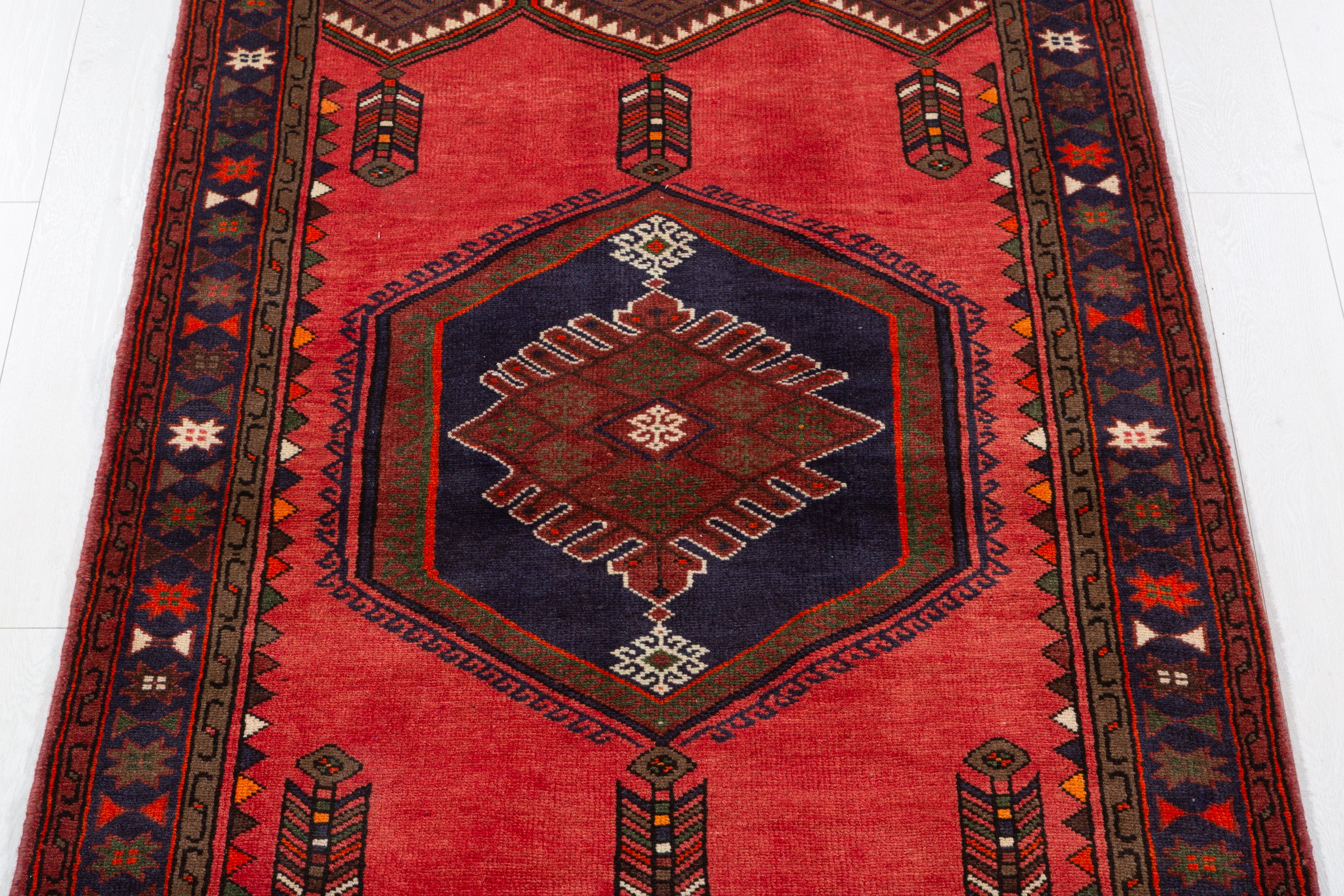 Vintage Coral, Navy Blue Diamond Medallion Area Rug – 6' 2" x 3' 10" (187 x 118 cm)