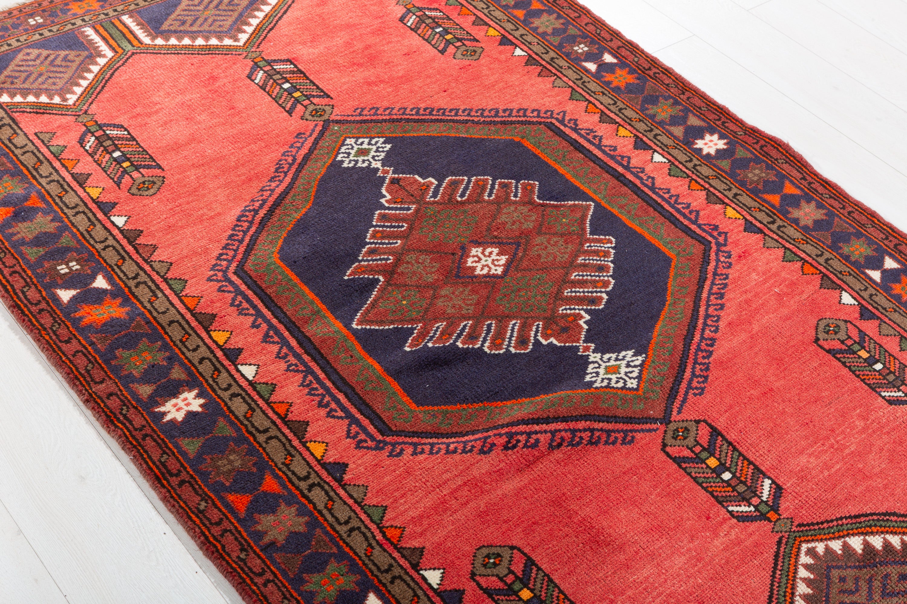 Vintage Coral, Navy Blue Diamond Medallion Area Rug – 6' 2" x 3' 10" (187 x 118 cm)