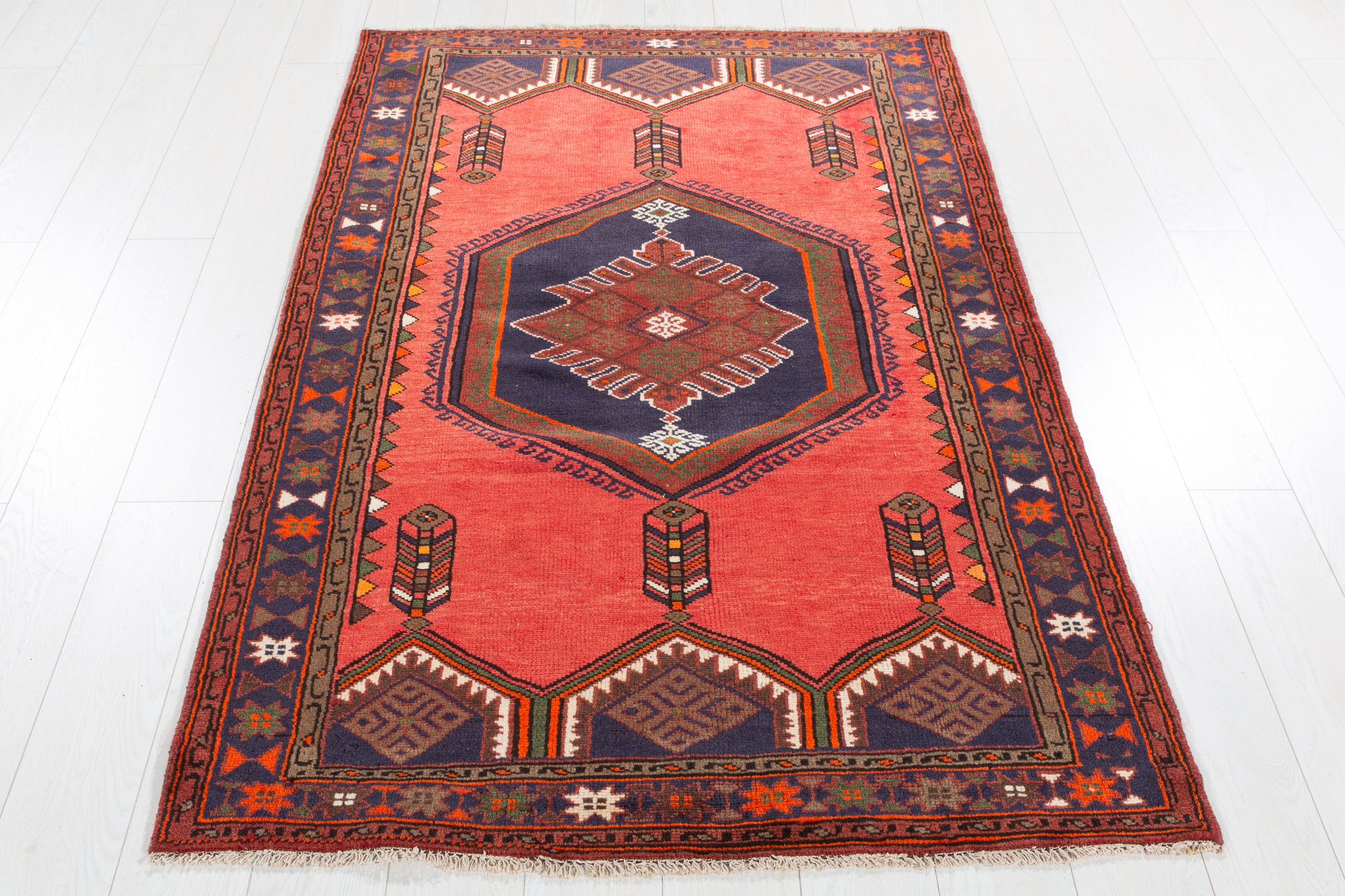 Vintage Coral, Navy Blue Diamond Medallion Area Rug – 6' 2" x 3' 10" (187 x 118 cm)