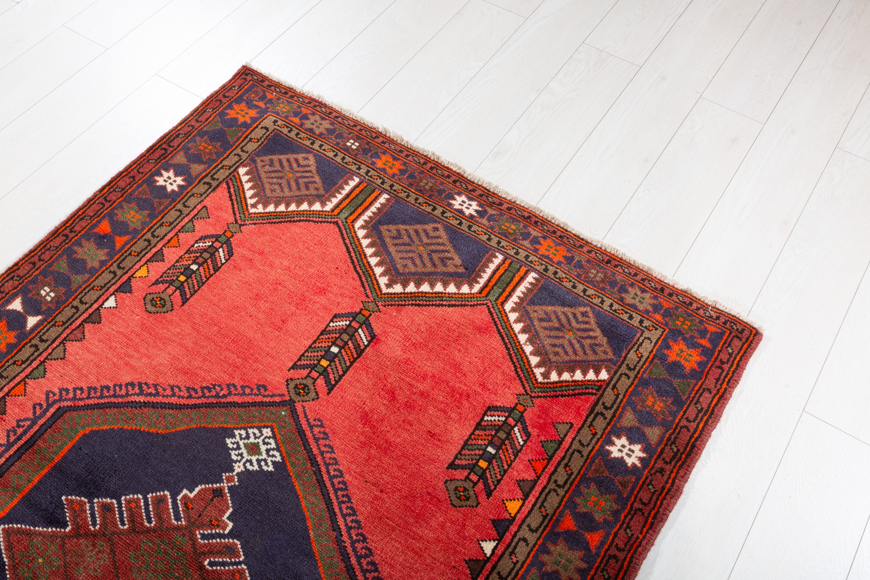 Vintage Coral, Navy Blue Diamond Medallion Area Rug – 6' 2" x 3' 10" (187 x 118 cm)