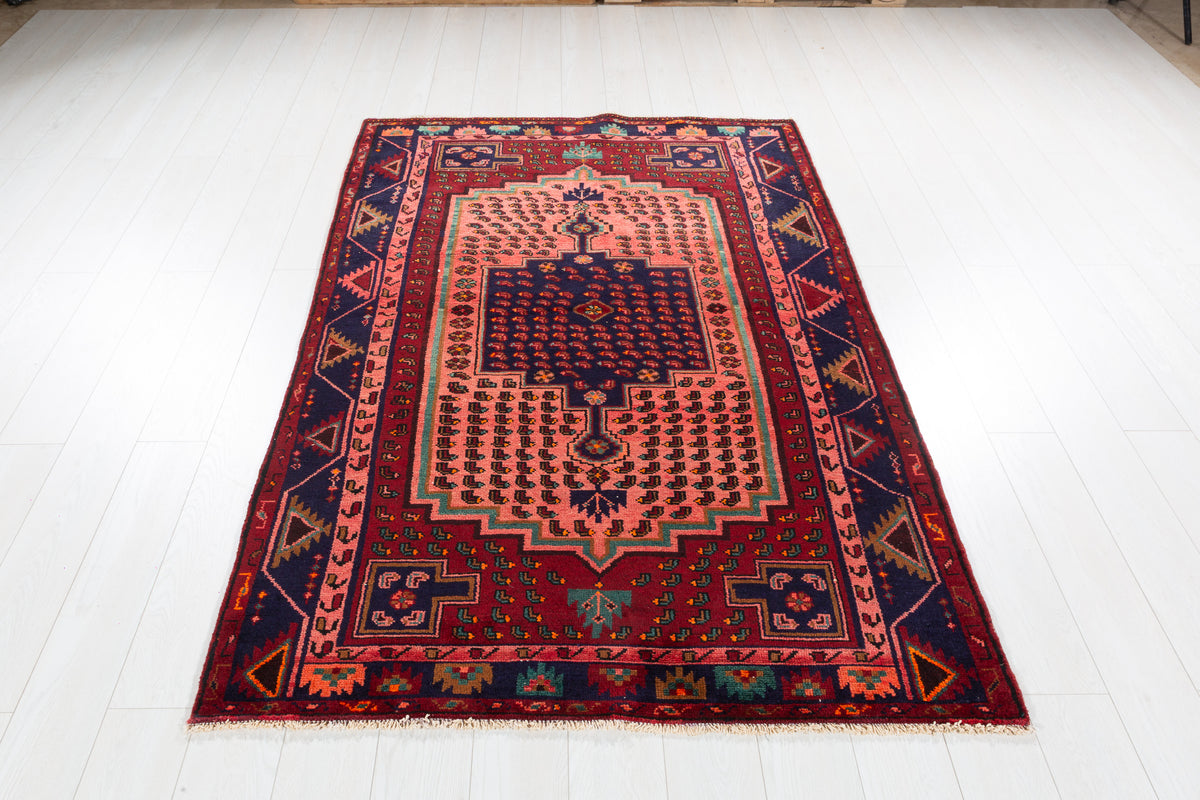 Collectible Vintage Maroon & Pink Geometric Area Rug – 6' 9" x 4' 5" (207 x 134 cm)