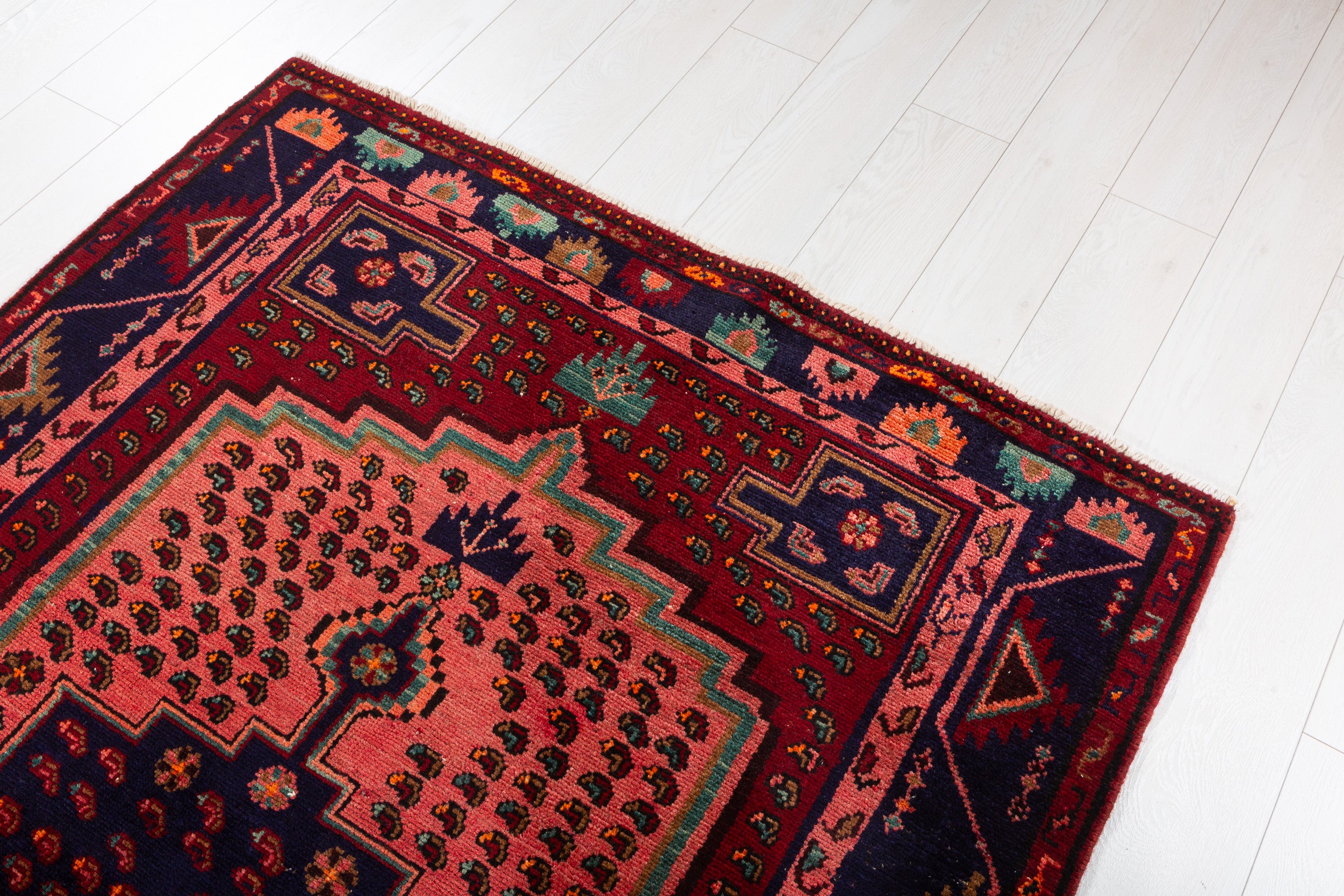 Collectible Vintage Maroon & Pink Geometric Area Rug – 6' 9" x 4' 5" (207 x 134 cm)