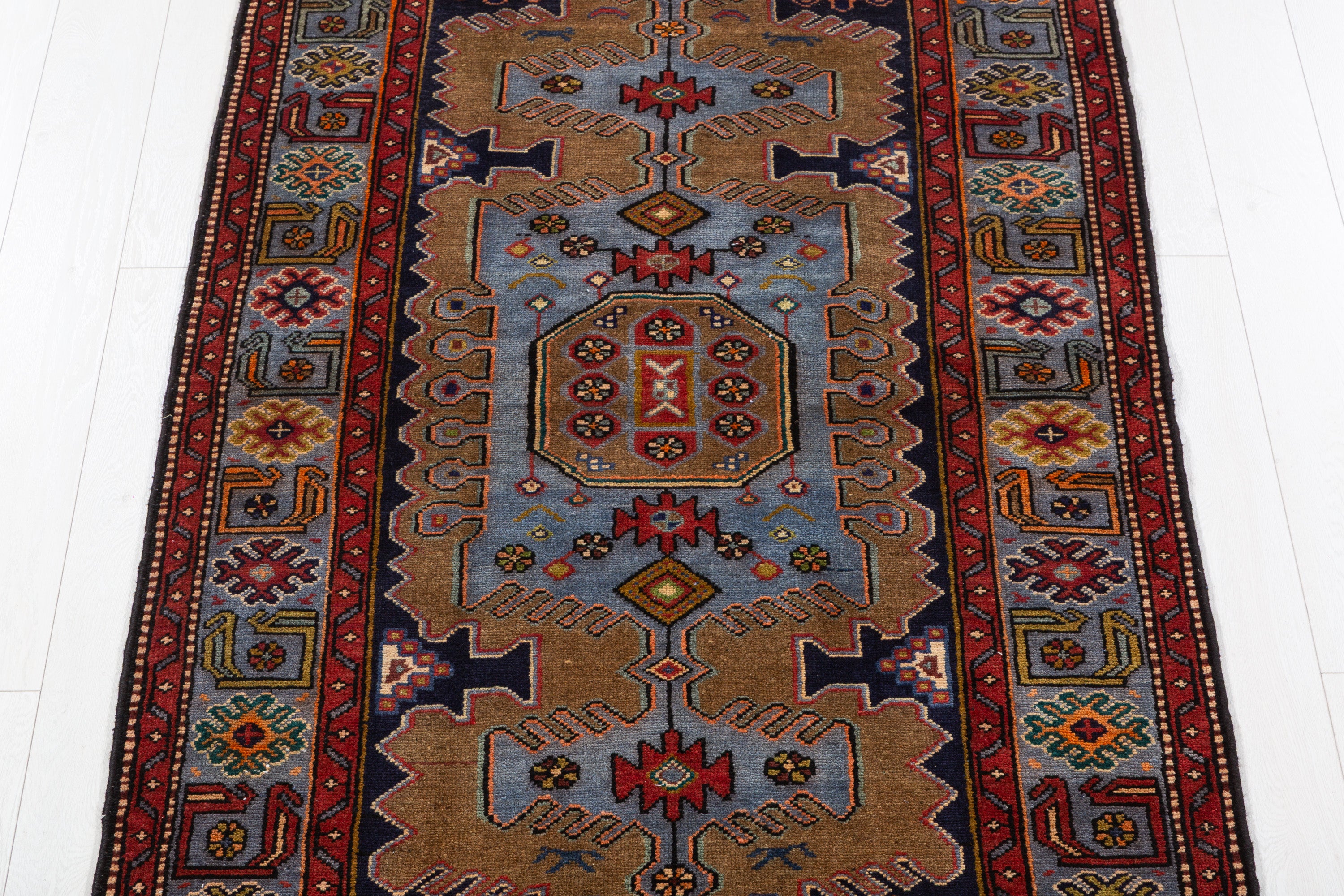 Collectible Vintage Brown, Turquoise Blue Geometric Medallion Area Rug – 6' 6" x 3' 8" (198 x 113 cm)