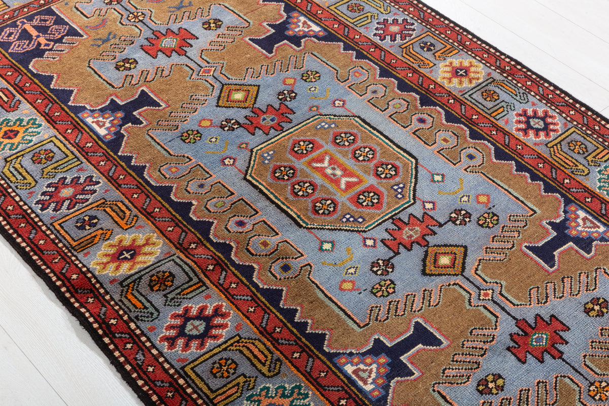 Collectible Vintage Brown, Turquoise Blue Geometric Medallion Area Rug – 6' 6" x 3' 8" (198 x 113 cm)