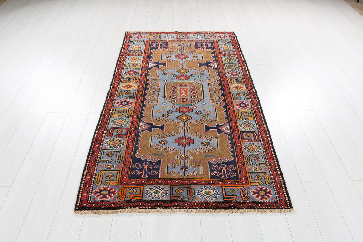 Collectible Vintage Brown, Turquoise Blue Geometric Medallion Area Rug – 6' 6" x 3' 8" (198 x 113 cm)