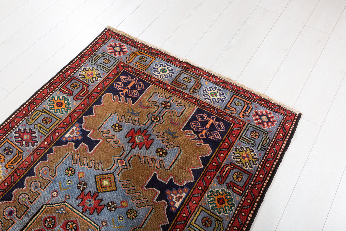 Collectible Vintage Brown, Turquoise Blue Geometric Medallion Area Rug – 6' 6" x 3' 8" (198 x 113 cm)