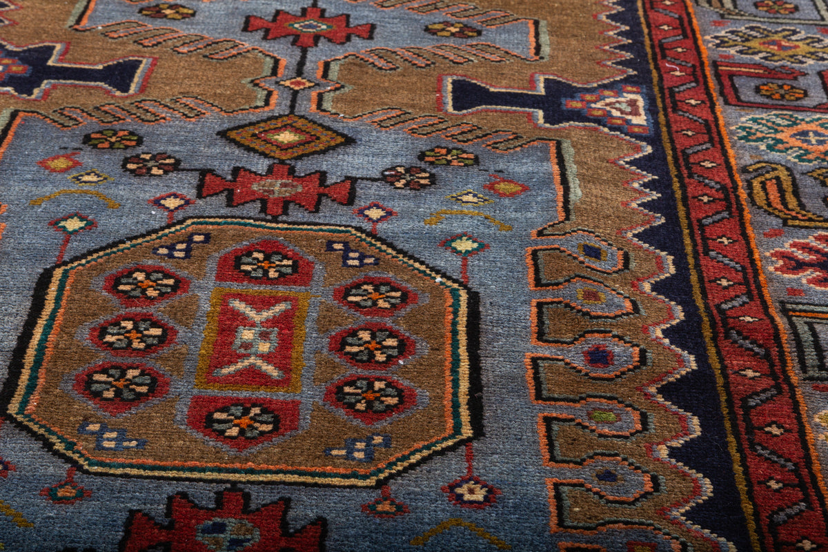 Collectible Vintage Brown, Turquoise Blue Geometric Medallion Area Rug – 6' 6" x 3' 8" (198 x 113 cm)