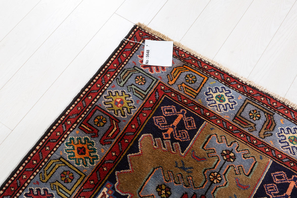 Collectible Vintage Brown, Turquoise Blue Geometric Medallion Area Rug – 6' 6" x 3' 8" (198 x 113 cm)