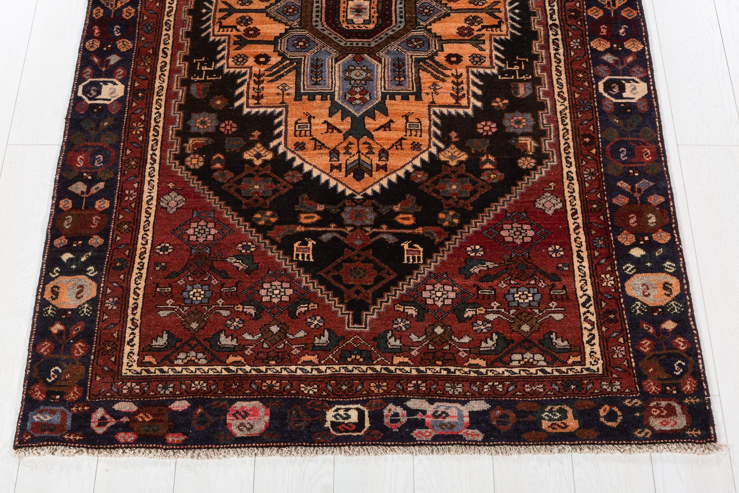 Collectible Vintage Black, Rust Red Geometric Medallion Area Rug – 7' 1" x 4' 3" (216 x 130 cm)
