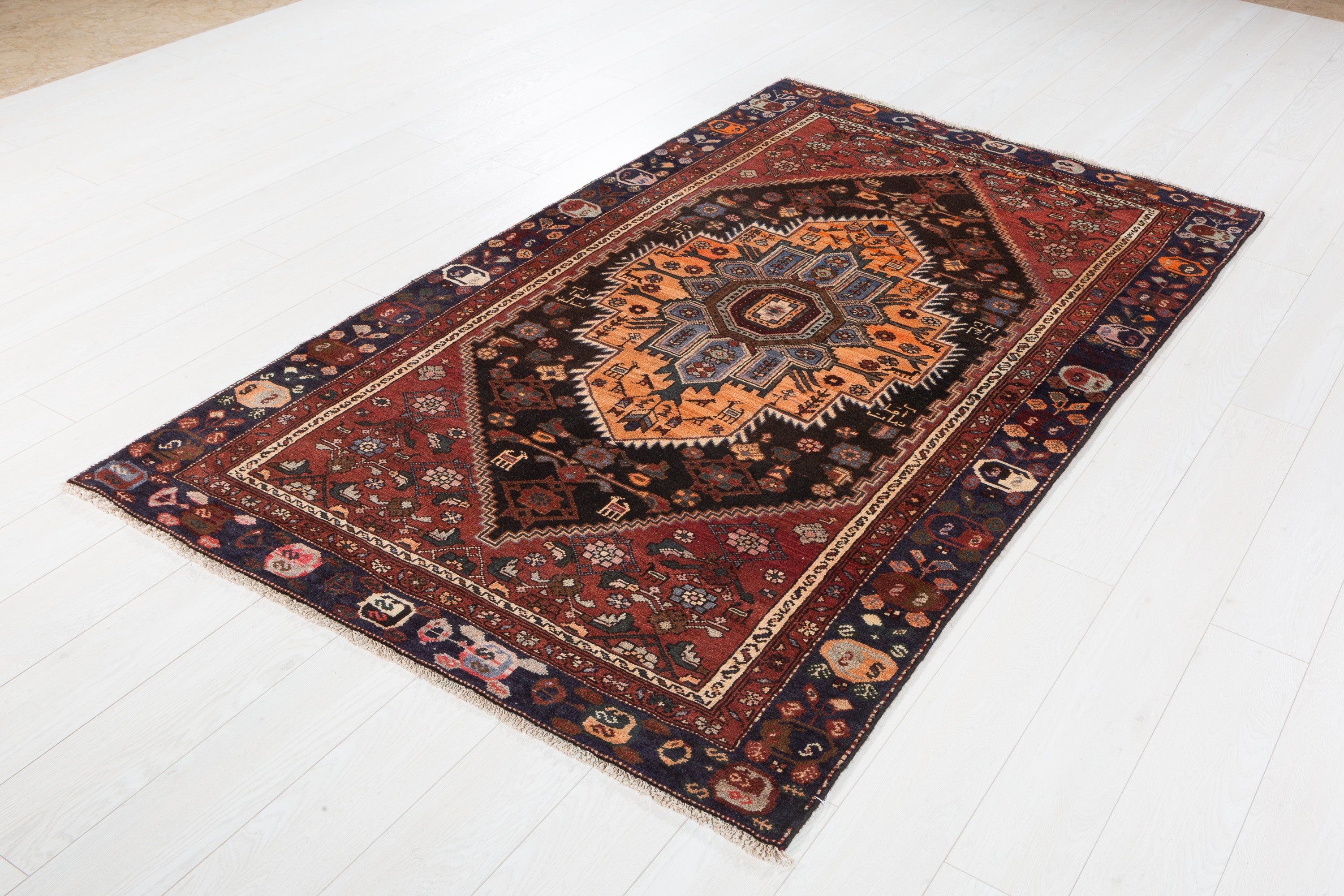 Collectible Vintage Black, Rust Red Geometric Medallion Area Rug – 7' 1" x 4' 3" (216 x 130 cm)