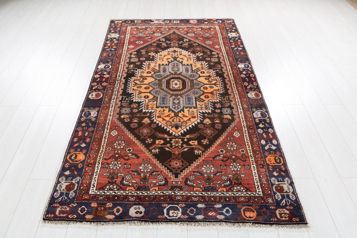 Collectible Vintage Black, Rust Red Geometric Medallion Area Rug – 7' 1" x 4' 3" (216 x 130 cm)