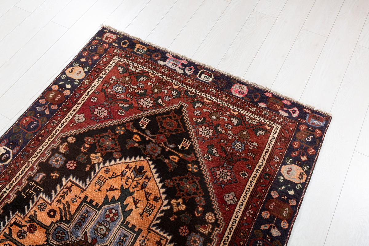 Collectible Vintage Black, Rust Red Geometric Medallion Area Rug – 7' 1" x 4' 3" (216 x 130 cm)