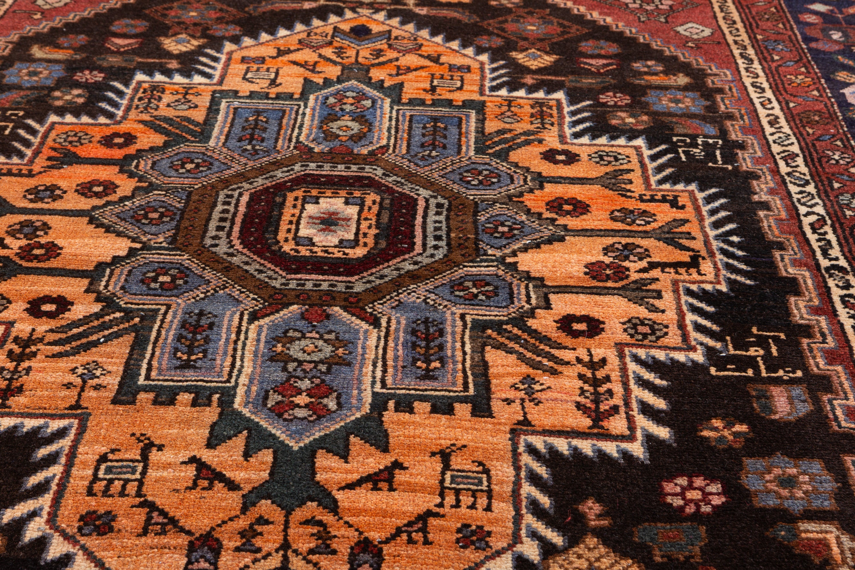 Collectible Vintage Black, Rust Red Geometric Medallion Area Rug – 7' 1" x 4' 3" (216 x 130 cm)