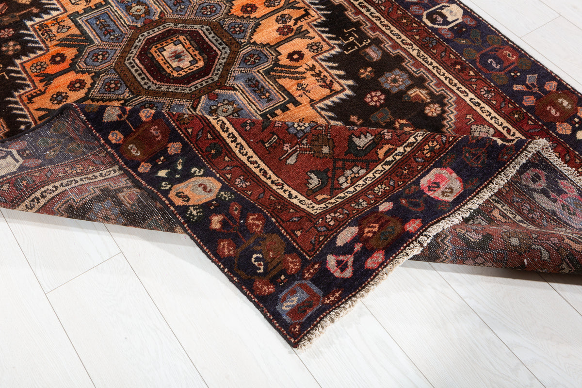 Collectible Vintage Black, Rust Red Geometric Medallion Area Rug – 7' 1" x 4' 3" (216 x 130 cm)