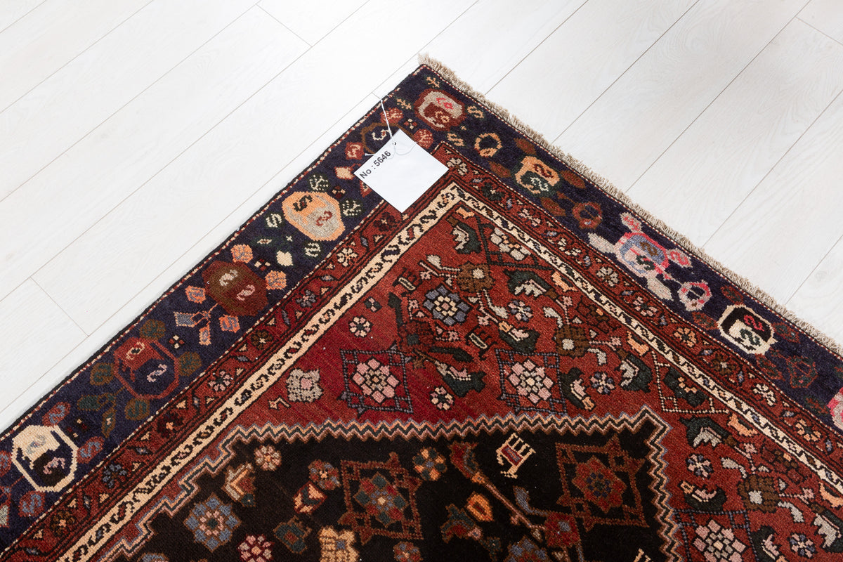 Collectible Vintage Black, Rust Red Geometric Medallion Area Rug – 7' 1" x 4' 3" (216 x 130 cm)