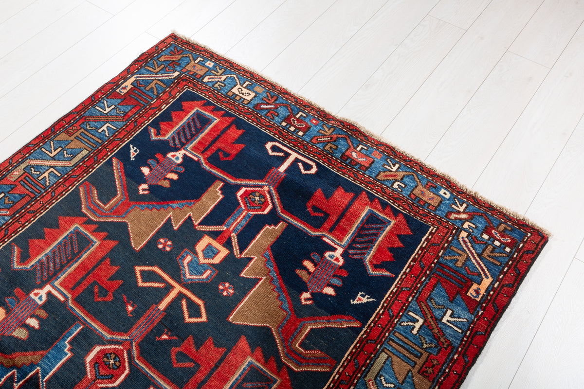 Collectible Vintage Deep Navy Blue, Red Animal Motif Area Rug – 6' 8" x 4' 3" (204 x 129 cm)