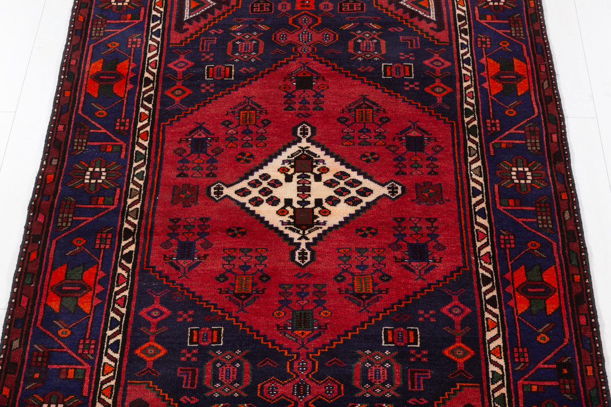 Vintage Deep Navy Blue Red, Orange Diamond Medallion Area Rug – 6' 6" x 4' 2" (197 x 127 cm)