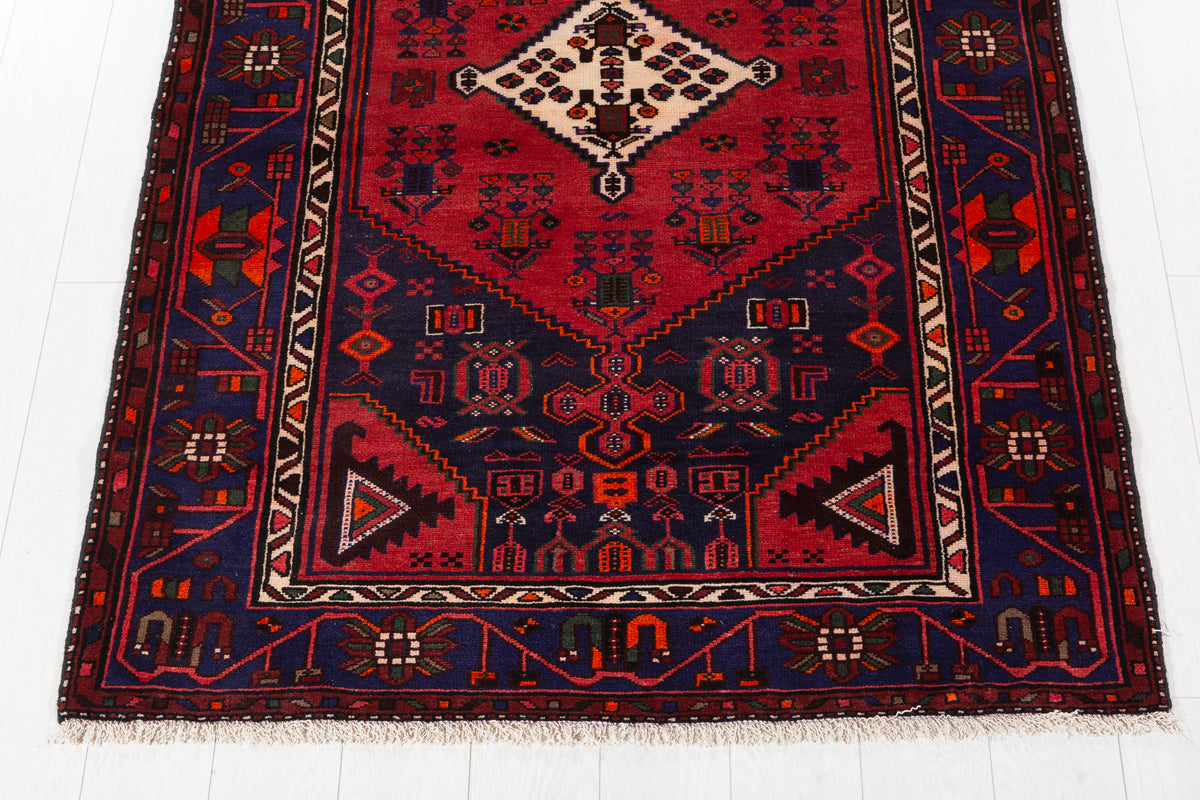 Vintage Deep Navy Blue Red, Orange Diamond Medallion Area Rug – 6' 6" x 4' 2" (197 x 127 cm)