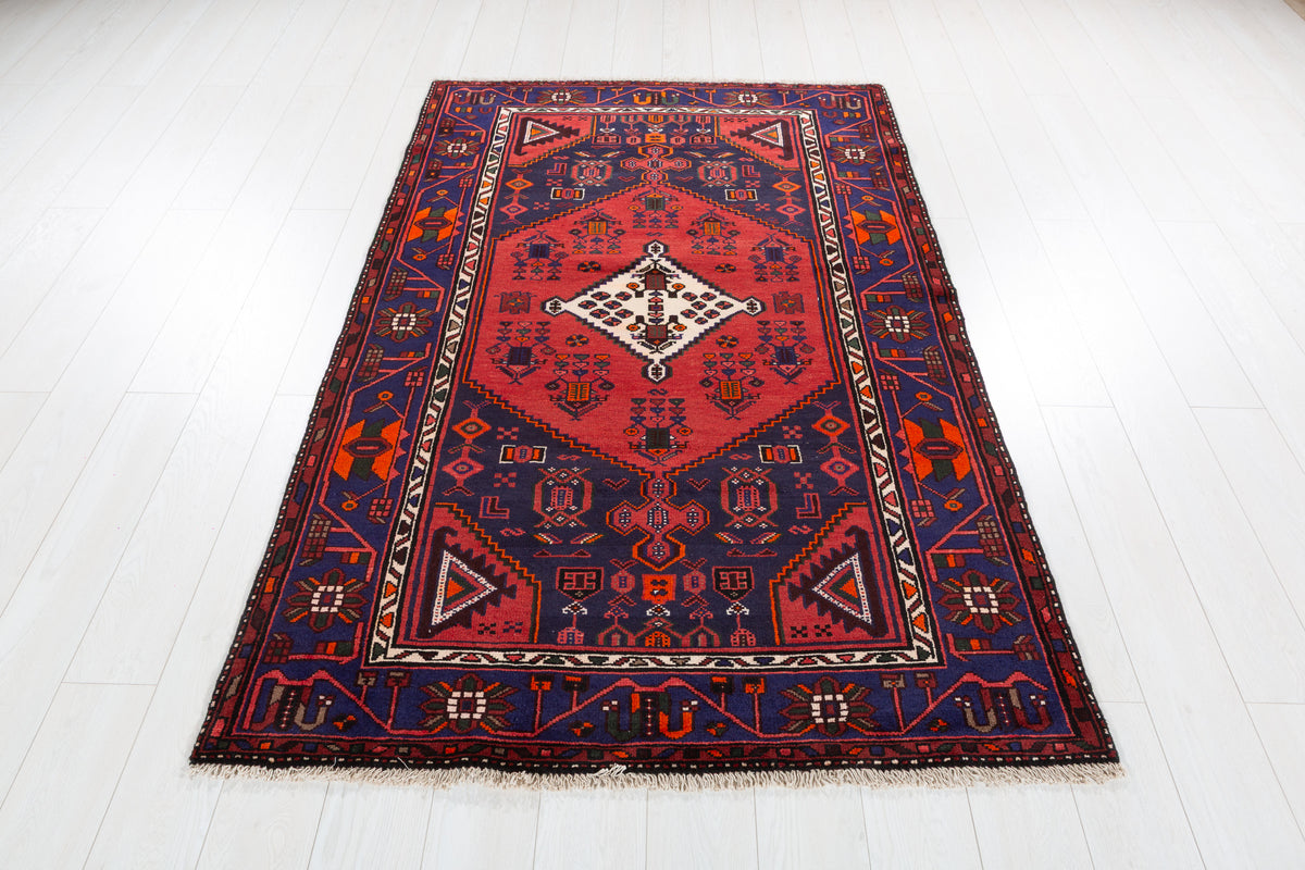 Vintage Deep Navy Blue Red, Orange Diamond Medallion Area Rug – 6' 6" x 4' 2" (197 x 127 cm)