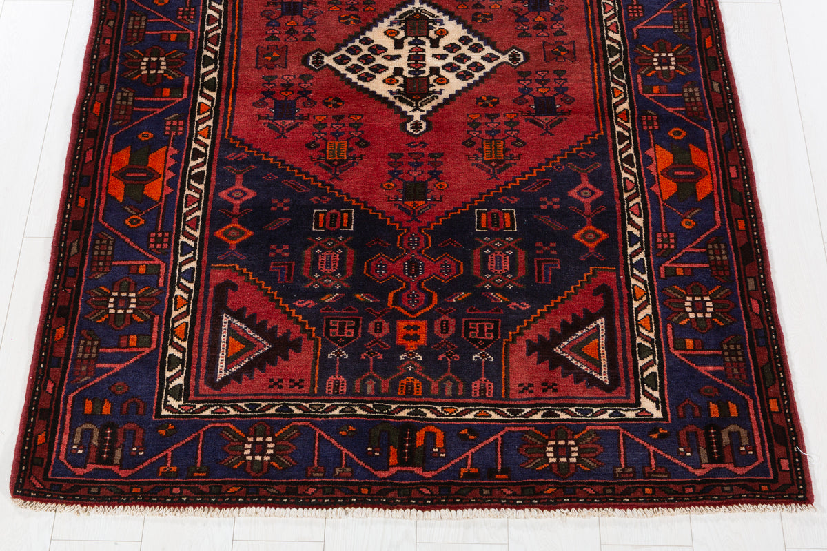 Vintage Deep Navy Blue, Red Diamond Medallion Area Rug – 6' 4" x 4' 3" (193 x 129 cm)