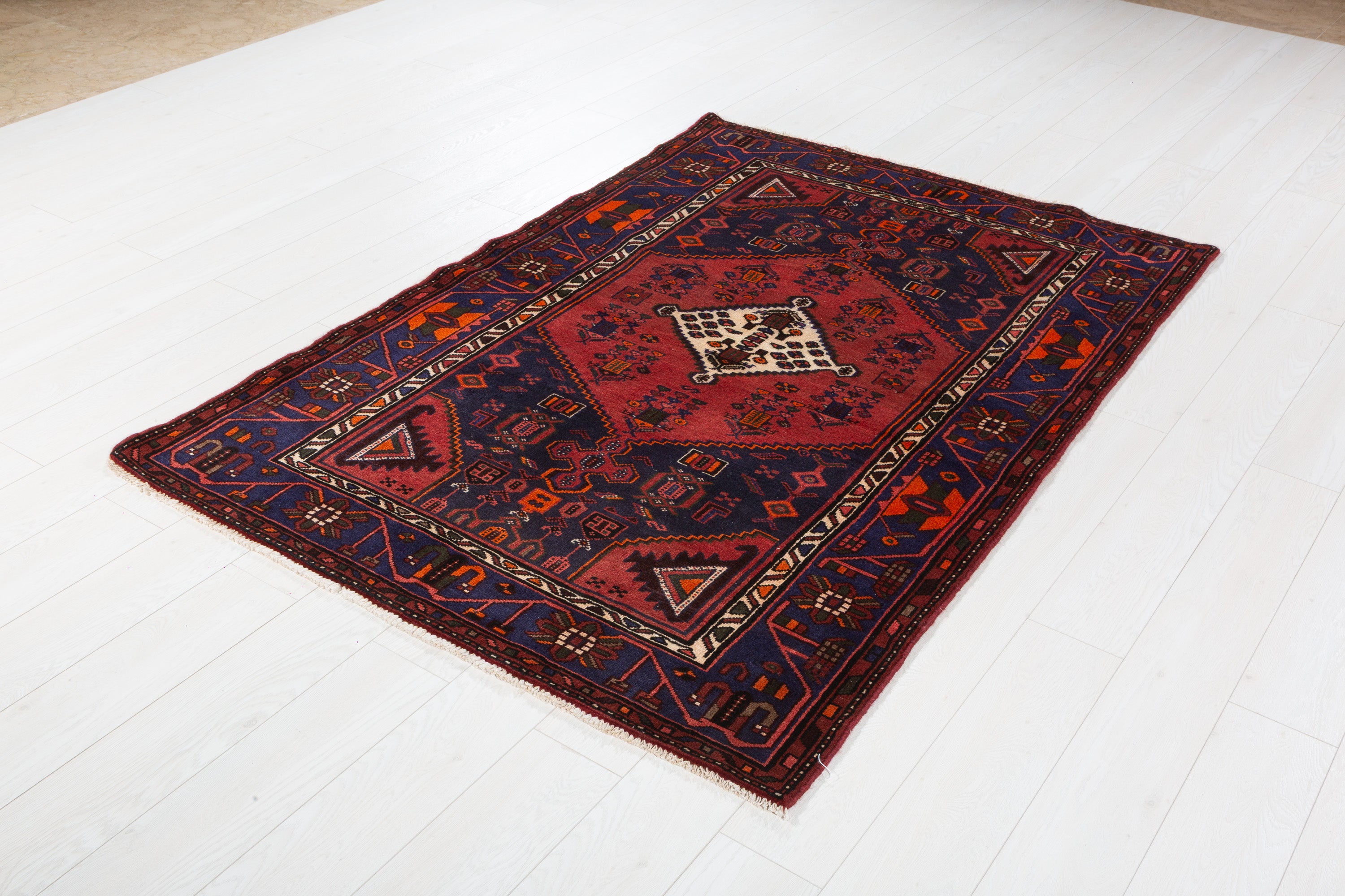 Vintage Deep Navy Blue, Red Diamond Medallion Area Rug – 6' 4" x 4' 3" (193 x 129 cm)