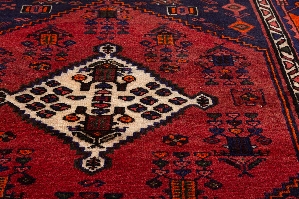 Vintage Deep Navy Blue, Red Diamond Medallion Area Rug – 6' 4" x 4' 3" (193 x 129 cm)
