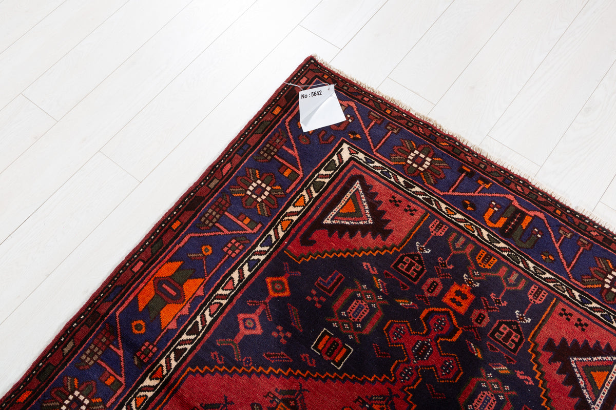 Vintage Deep Navy Blue, Red Diamond Medallion Area Rug – 6' 4" x 4' 3" (193 x 129 cm)