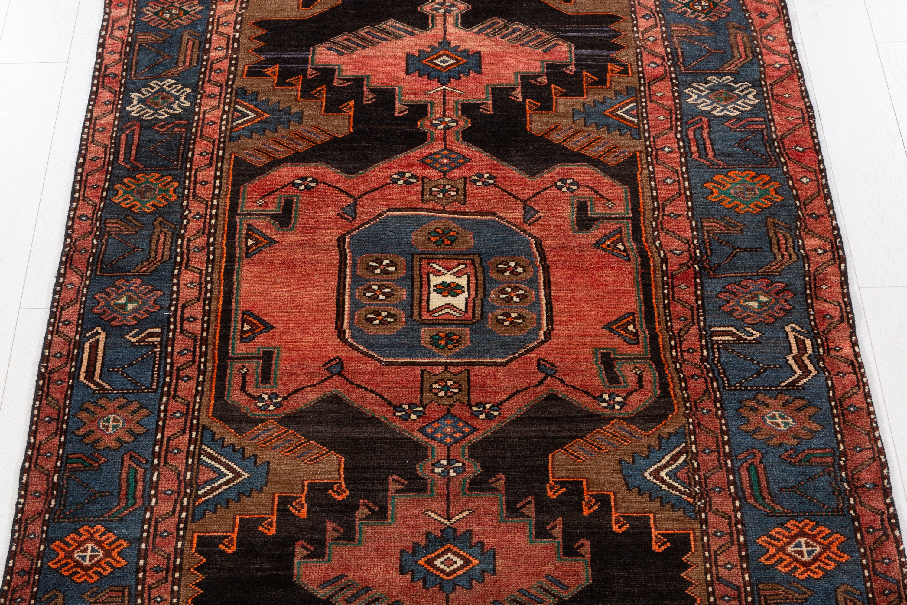 Collectible Vintage Faded Black, Coral Geometric Medallion Area Rug – 7' 1" x 4' 6" (216 x 138 cm)
