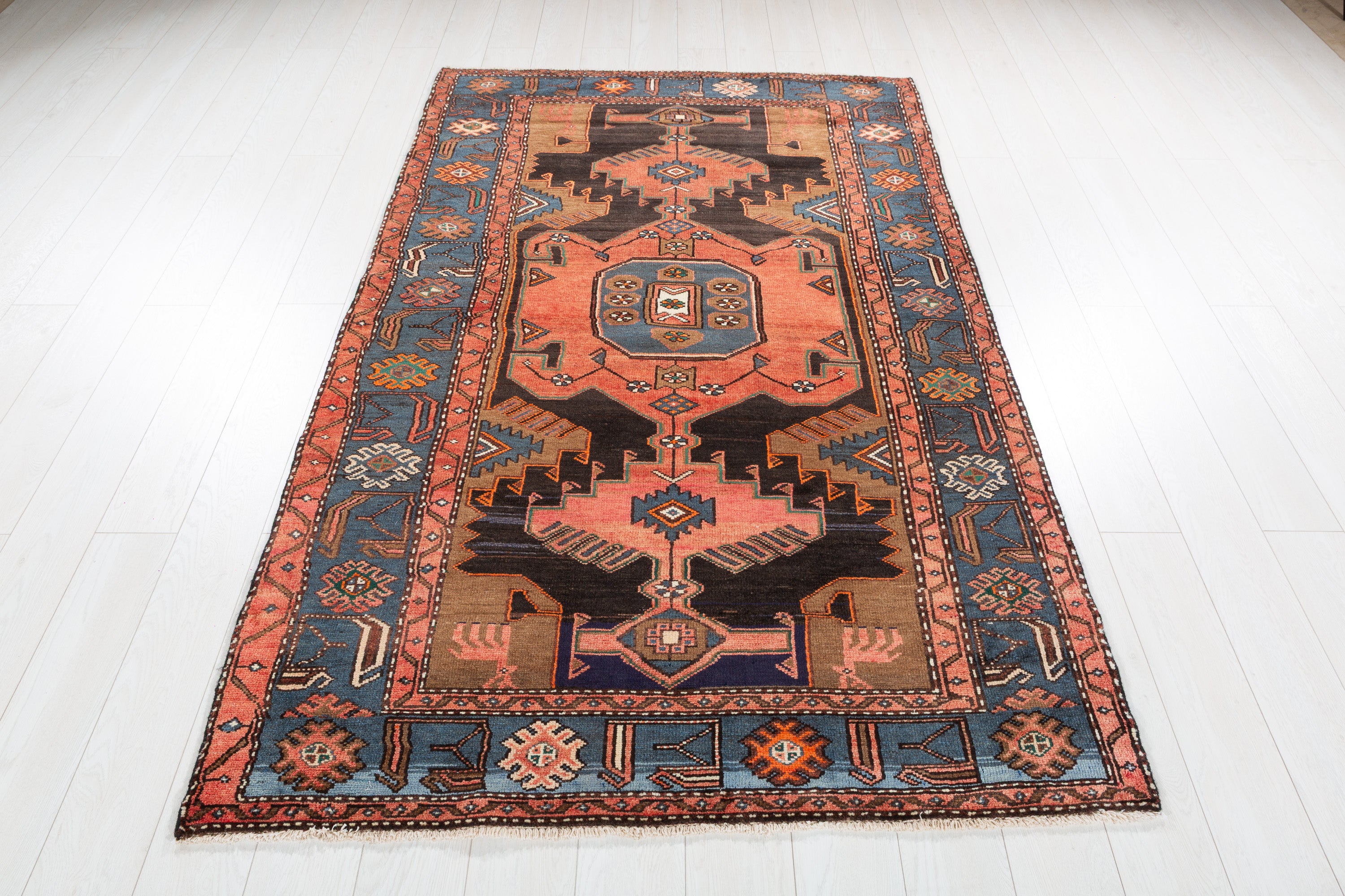 Collectible Vintage Faded Black, Coral Geometric Medallion Area Rug – 7' 1" x 4' 6" (216 x 138 cm)