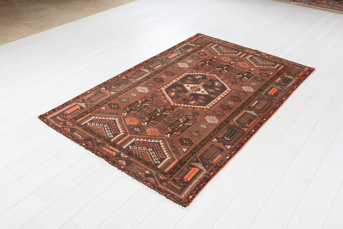 Vintage Rust red, orange Geometric Area Rug – 6' 8" x 4' 3" (204 x 129 cm)