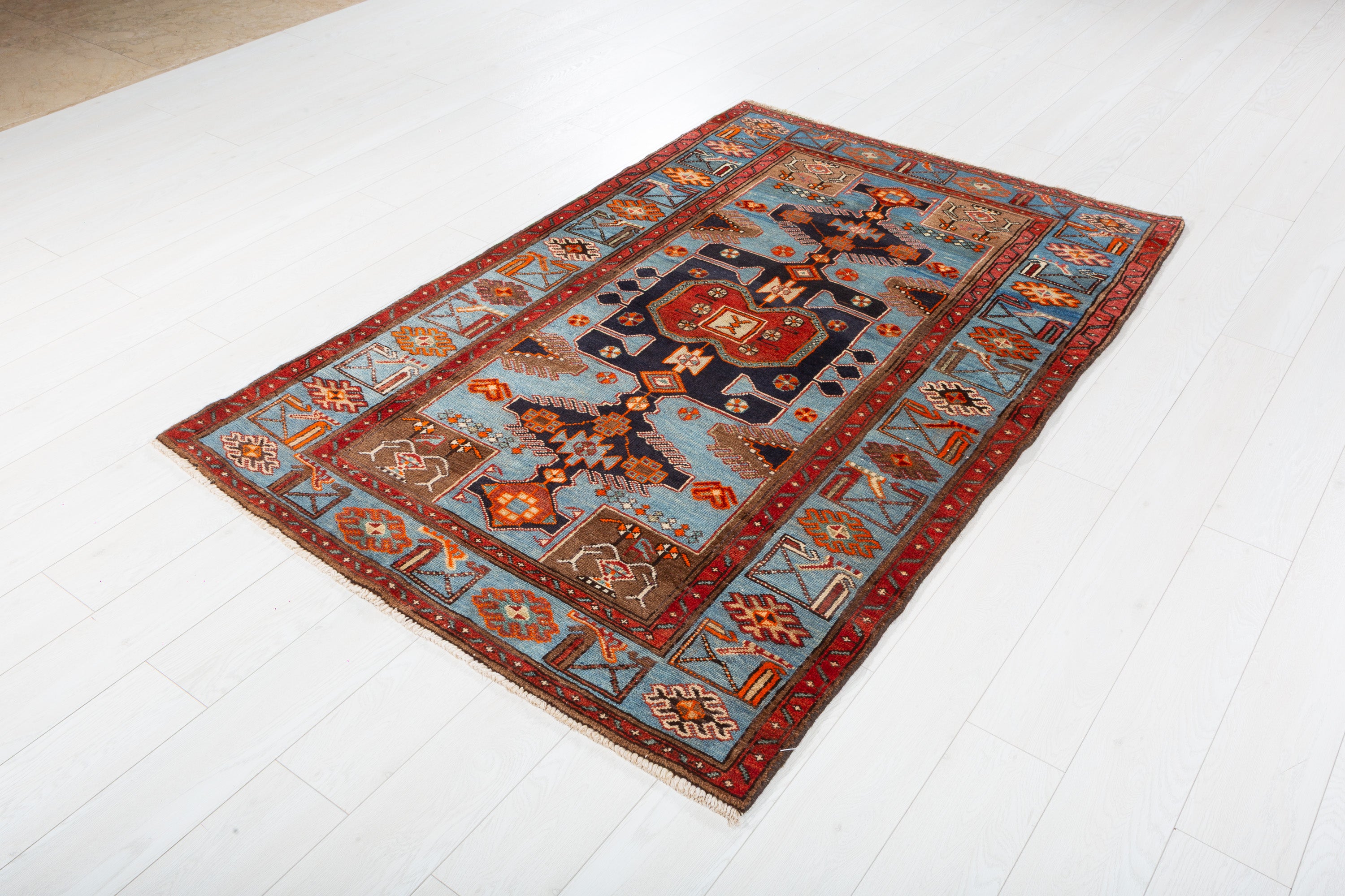 Collectible Vintage Turquoise blue, brown Geometric Area Rug – 6' 4" x 4' 2" (194 x 126 cm)