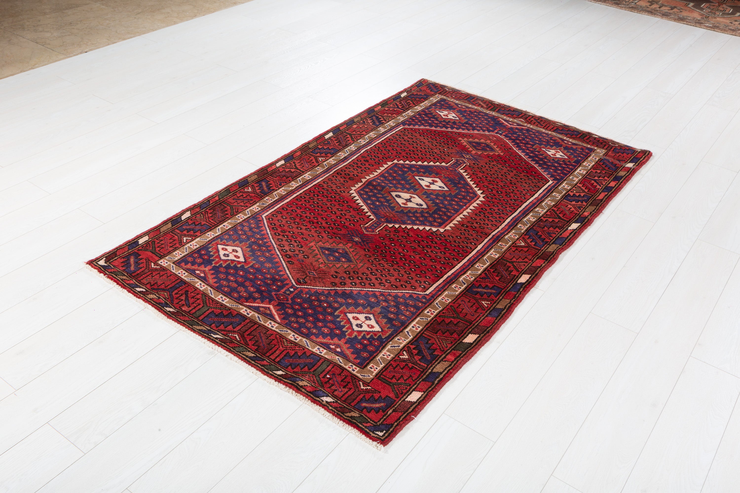 Vintage Red, navy blue Geometric Area Rug – 6' 4" x 3' 8" (192 x 113 cm)