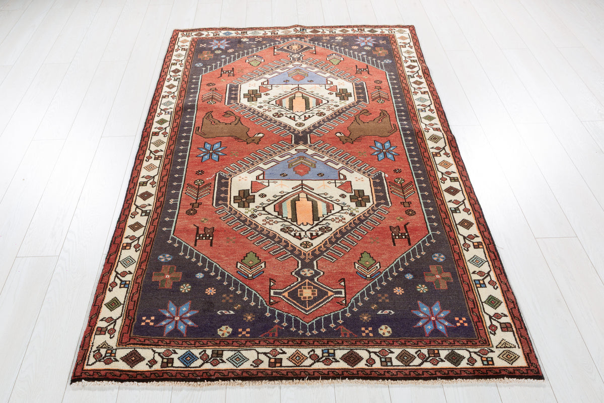 Collectible Vintage Rust red, beige Geometric Area Rug – 6' 4" x 4' 3" (194 x 129 cm)