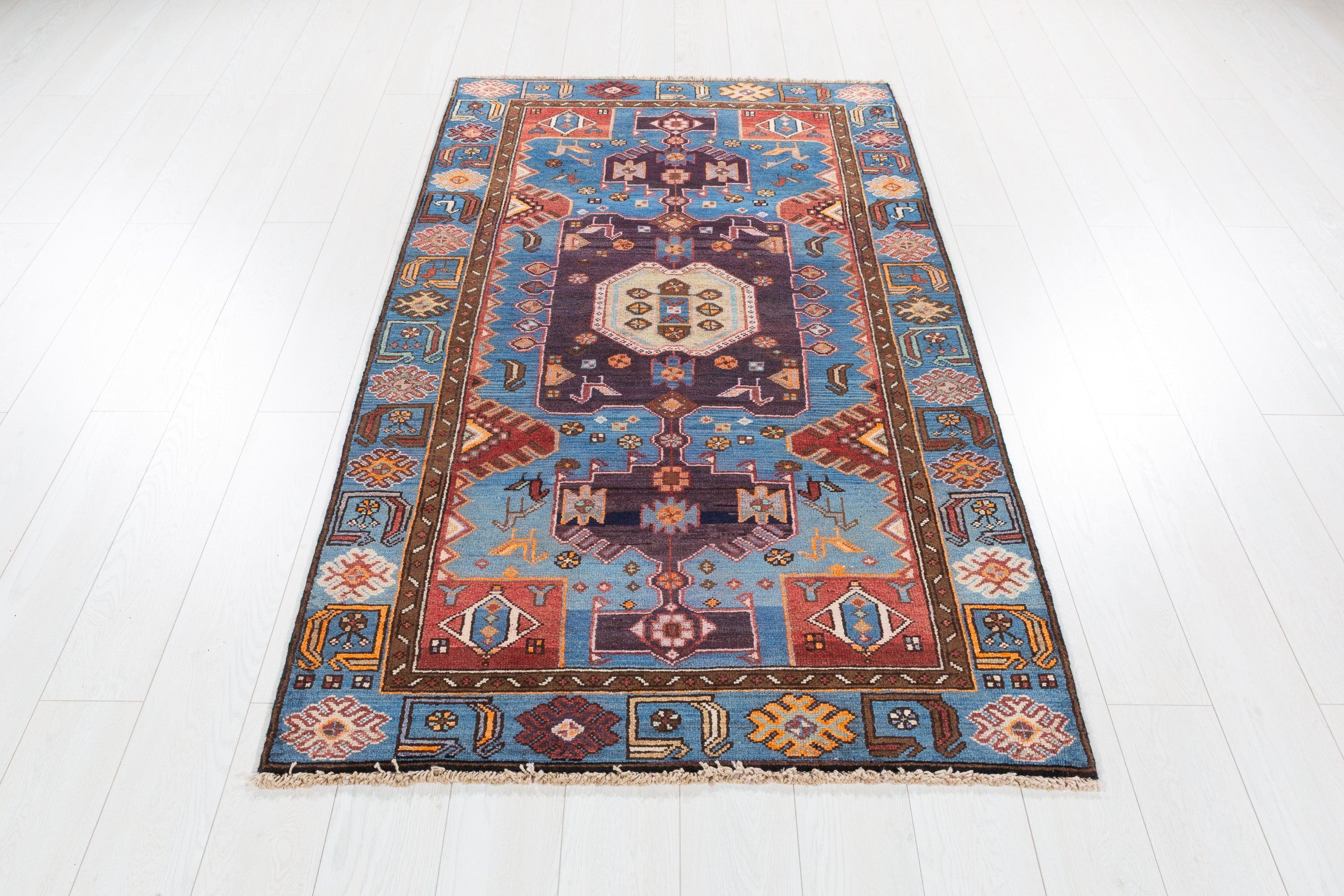 Collectible Vintage Blue Geometric Area Rug – 6' 6" x 3' 8" (199 x 112 cm)