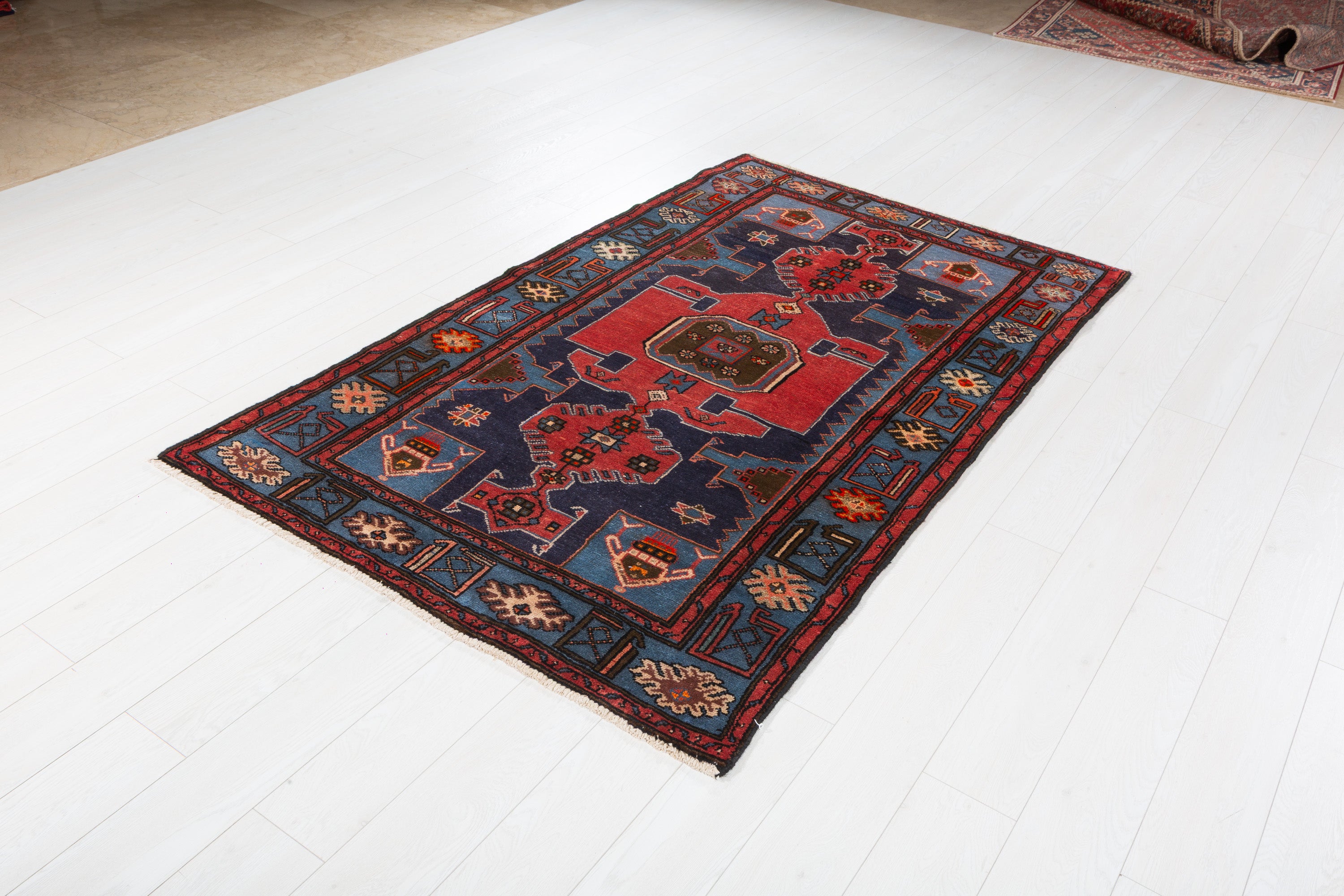 Collectible Vintage Navy blue, red, blue Geometric Area Rug – 6' 7" x 4' 2" (201 x 126 cm)