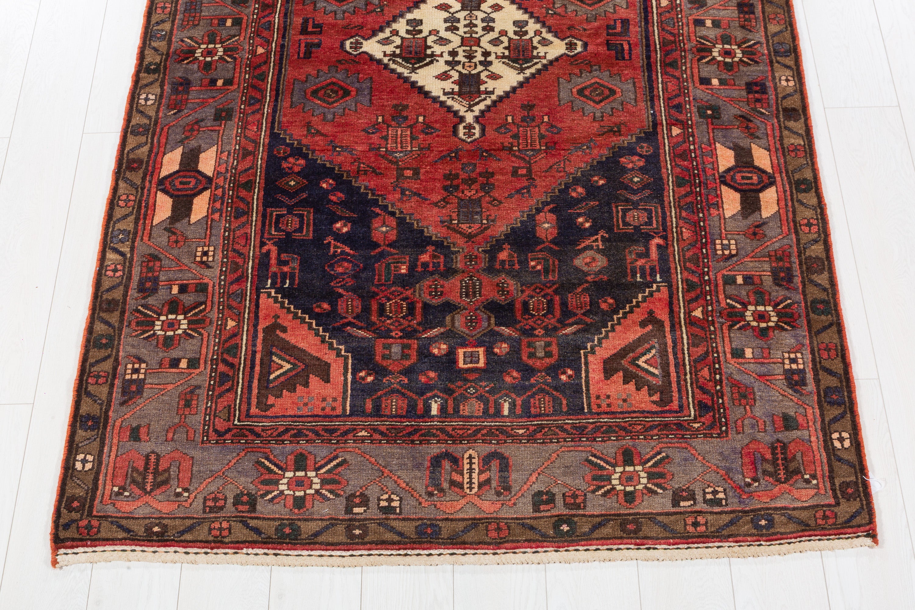 Vintage Red, navy blue, gray Geometric Area Rug – 7' 2" x 4' 5" (218 x 134 cm)