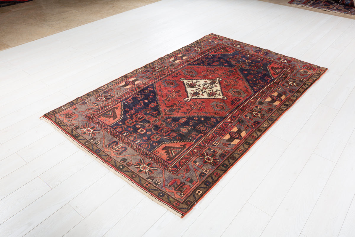 Vintage Red, navy blue, gray Geometric Area Rug – 7' 2" x 4' 5" (218 x 134 cm)