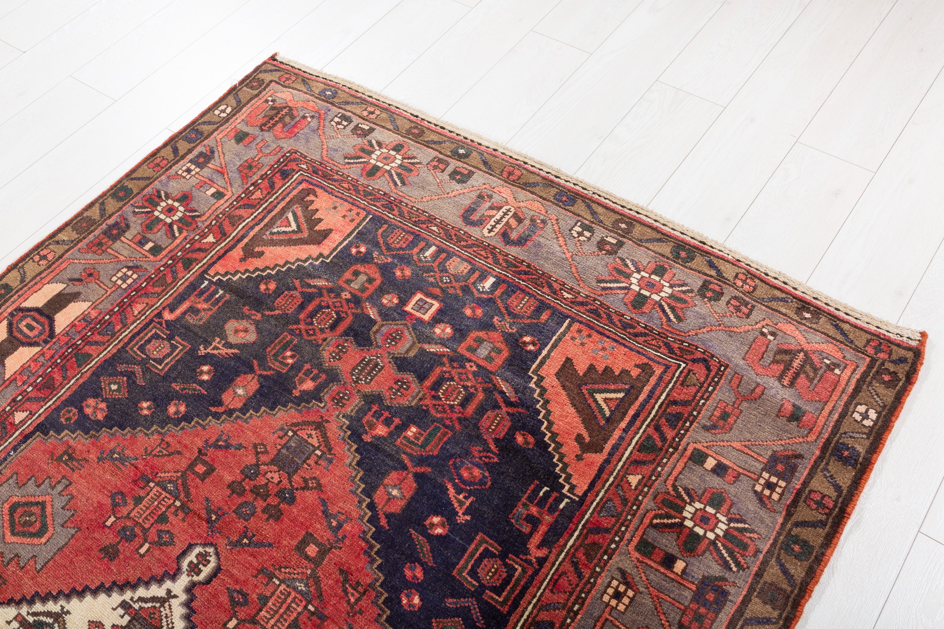 Vintage Red, navy blue, gray Geometric Area Rug – 7' 2" x 4' 5" (218 x 134 cm)