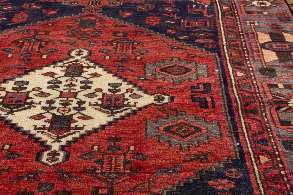 Vintage Red, navy blue, gray Geometric Area Rug – 7' 2" x 4' 5" (218 x 134 cm)