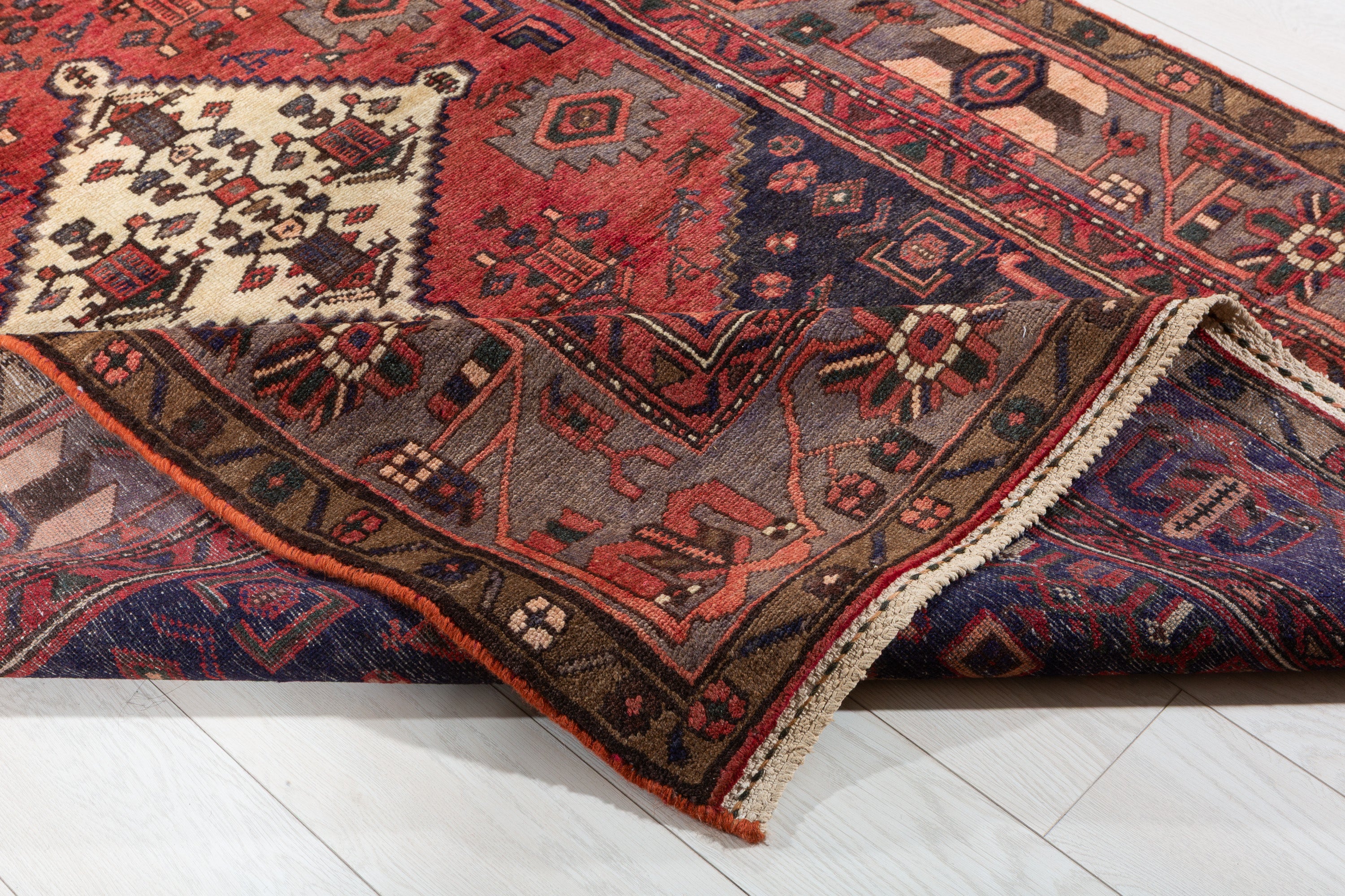 Vintage Red, navy blue, gray Geometric Area Rug – 7' 2" x 4' 5" (218 x 134 cm)