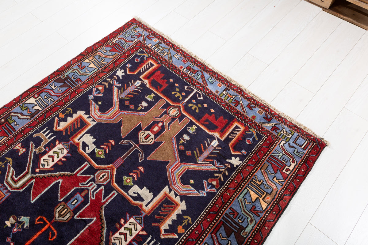 Vintage Navy blue, blue Geometric Hand-Knotted Area Rug – 6' 10" x 4' 7" (209 x 140 cm)