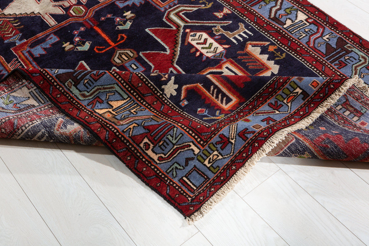 Vintage Navy blue, blue Geometric Hand-Knotted Area Rug – 6' 10" x 4' 7" (209 x 140 cm)