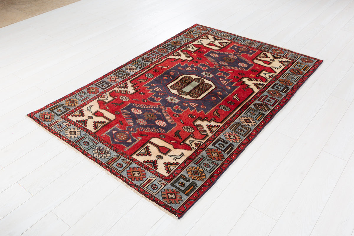 Collectible Vintage Red, turquoise blue Geometric Area Rug – 6' 4" x 4' 1" (194 x 125 cm)