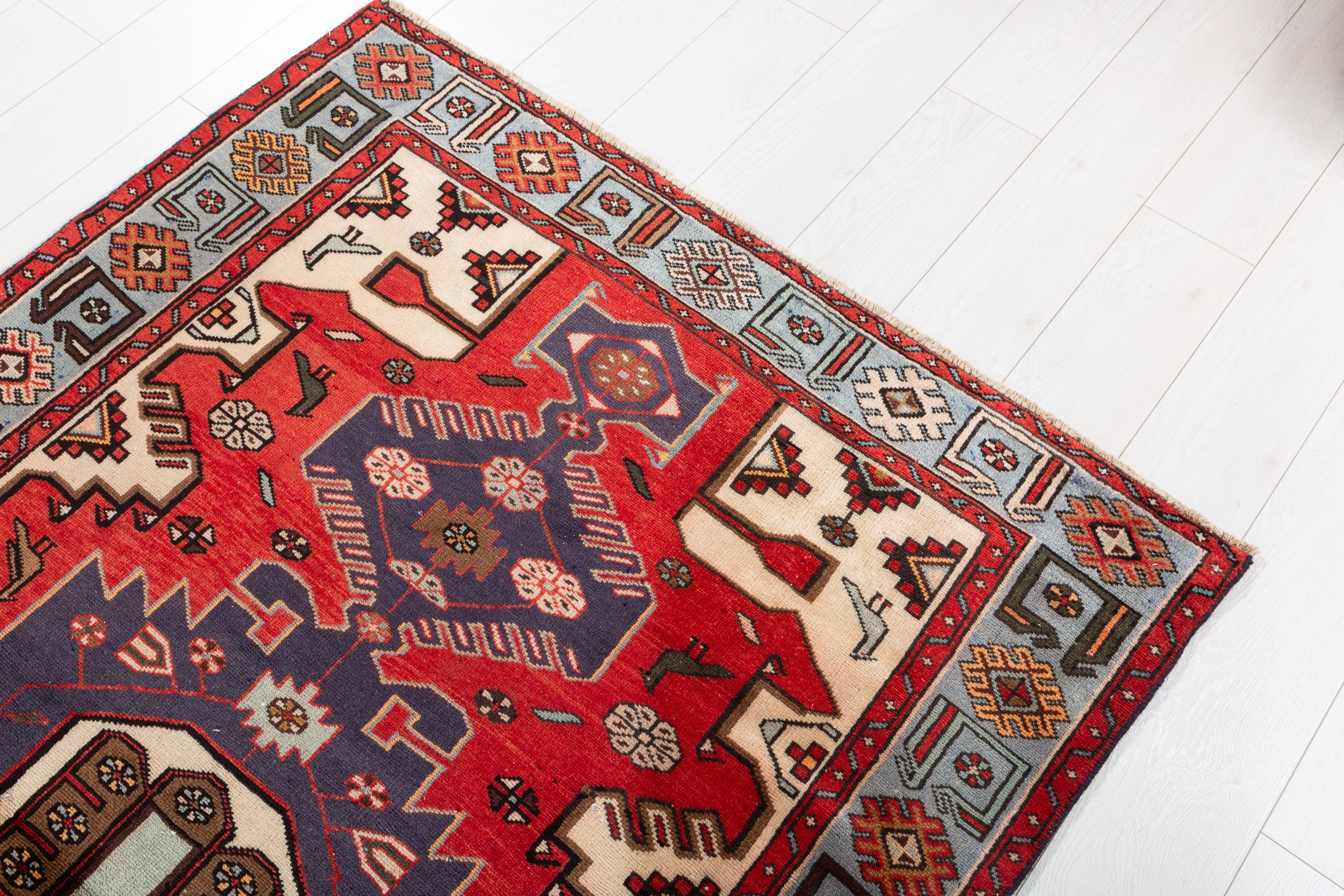Collectible Vintage Red, turquoise blue Geometric Area Rug – 6' 4" x 4' 1" (194 x 125 cm)