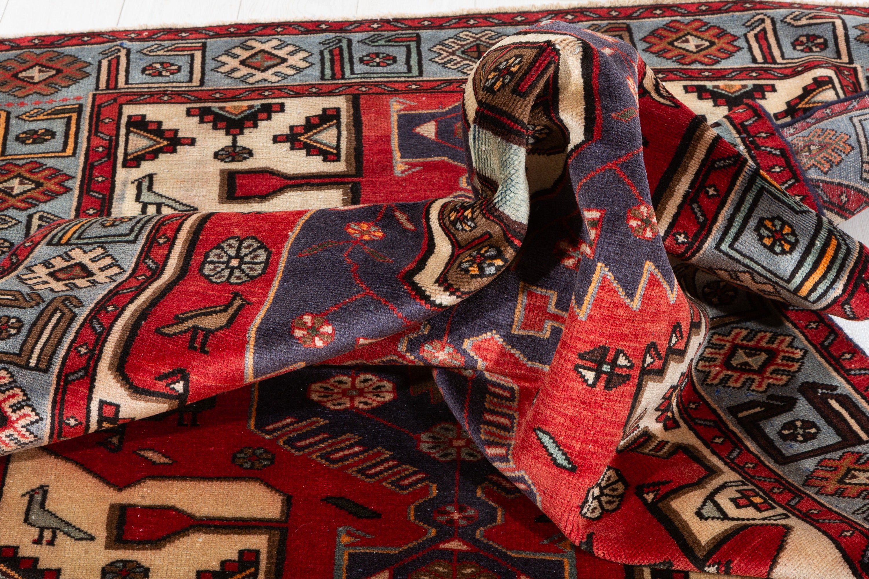 Collectible Vintage Red, turquoise blue Geometric Area Rug – 6' 4" x 4' 1" (194 x 125 cm)