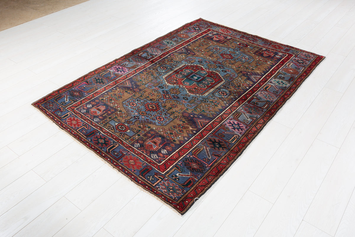 Collectible Vintage Brown, turquoise blue Geometric Hand-Knotted Area Rug – 6' 7" x 4' 7" (201 x 140 cm)
