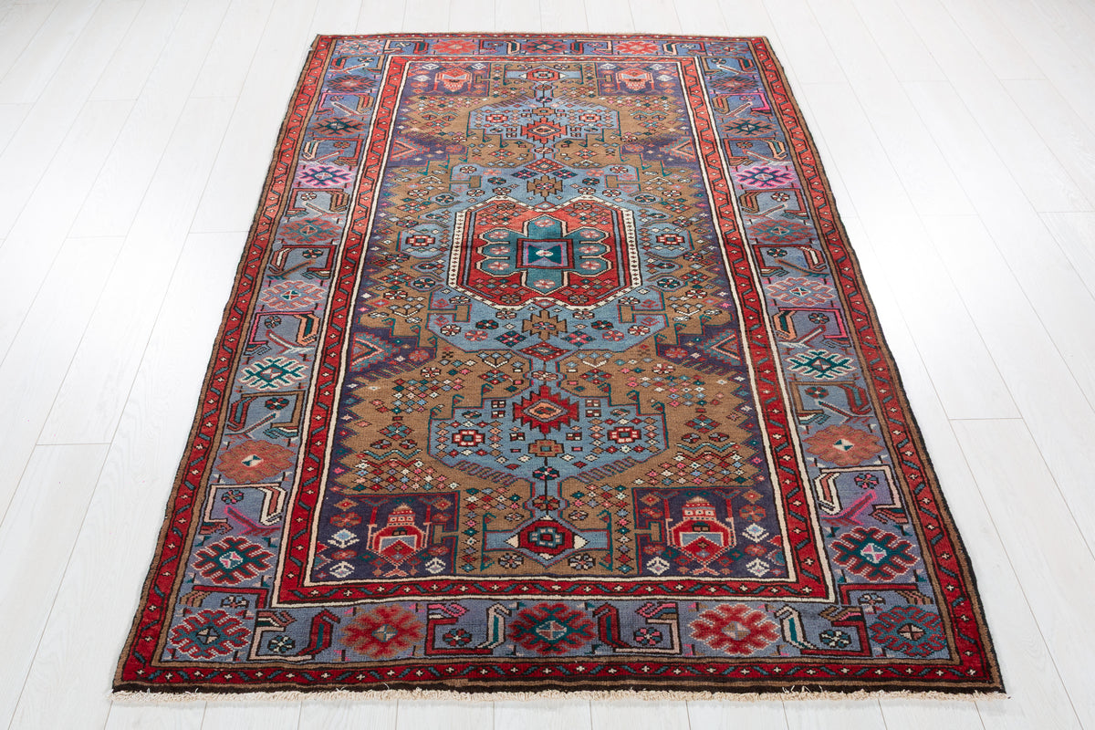 Collectible Vintage Brown, turquoise blue Geometric Hand-Knotted Area Rug – 6' 7" x 4' 7" (201 x 140 cm)